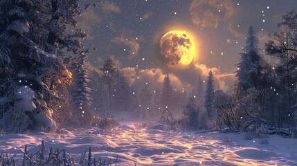 A serene winter night with a full moon illuminating a snowy forest landscape and gentle snowfall creating a magical atmosphere.
