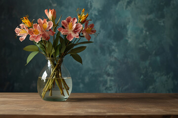 A vase of flowers sits on a wooden table