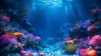 A mysterious background of deep-sea coral reefs with glowing marine life and dark blue waters 