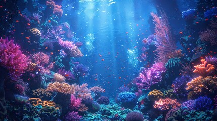 A mysterious background of deep-sea coral reefs with glowing marine life and dark blue waters 