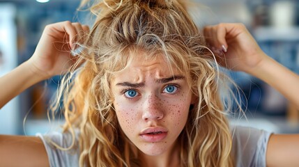 A close-up portrait of a woman with blonde, curly hair adjusting her bun indoors