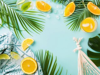 Border design with a hammock and tropical drinks, isolated on a light blue background