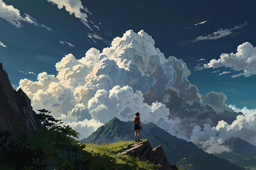 A girl is standing on a mountain top with a backpack