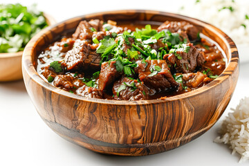 A bowl of seasoned meat garnished with fresh herbs and spices