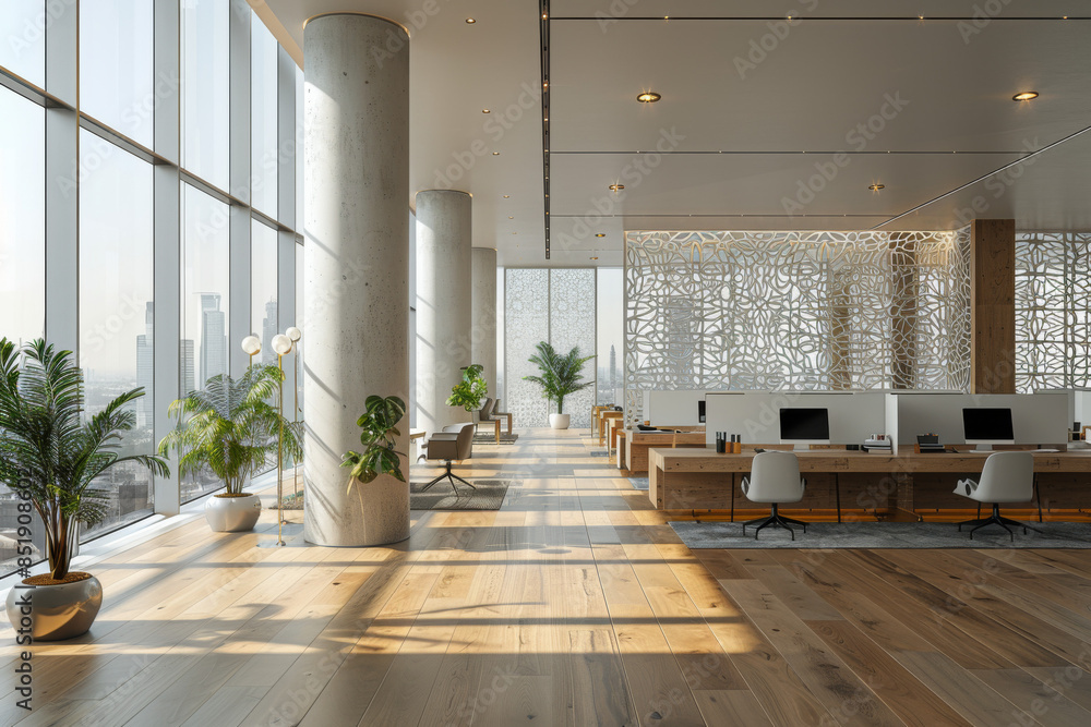 Poster a modern open space office with desks and chairs, the walls have vertical white columns that display
