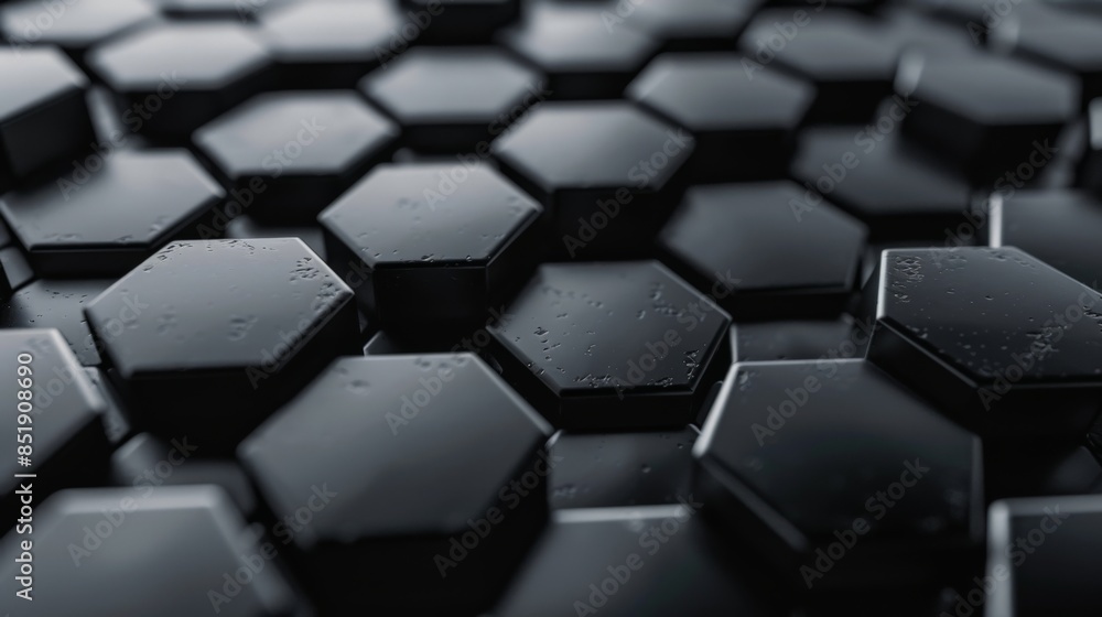 Poster a close-up photo of black hexagonal shapes forming a repeating pattern