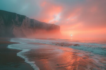Naklejka premium Vibrant sunset over a serene beach with gentle waves. Mist envelops towering cliffs, creating a dreamy, ethereal atmosphere. The sky is ablaze with hues of pink, orange, and blue.