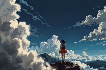 A girl is standing on a mountain top with a backpack