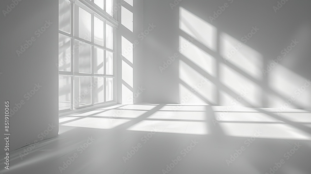Poster sunlight casting geometric window shadows on a white wall, creating an abstract minimalist pattern o