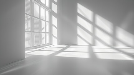 Fototapeta premium Sunlight casting geometric window shadows on a white wall, creating an abstract minimalist pattern of light and shadow, minimalist background with clean lines