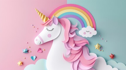 Delicate paper art style unicorn with a rainbow designed for a Paid Month Day greeting card