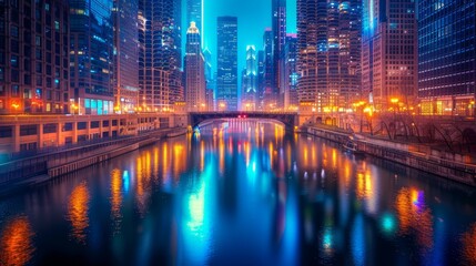Obraz premium Vibrant Nighttime Cityscape with Skyscraper Reflections in the Calm River for Urban Artwork or Print