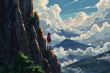 A girl is standing on a mountain top with a backpack