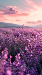 Fototapeta premium A peaceful background of endless lavender fields under a soft, pastel sky