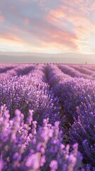 Fototapeta premium A peaceful background of endless lavender fields under a soft, pastel sky