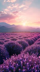 A peaceful background of endless lavender fields under a soft, pastel sky