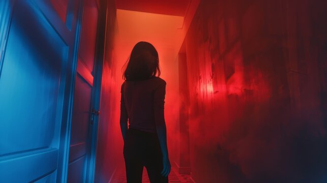 A woman stands in a dark, red-lit hallway, seemingly trapped by poltergeist activity