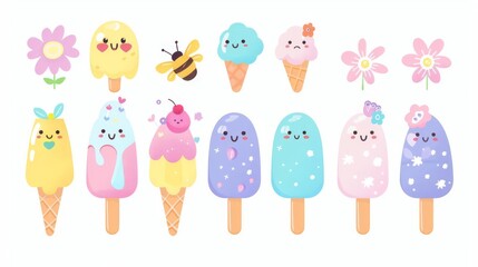 Delightful set of kawaii pastel ice creams, each featuring a different cute motif like flowers or bees, on a white background