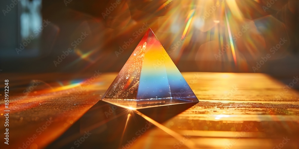 Poster exploring refraction and reflection through an interactive prism exhibit. concept light patterns, pr