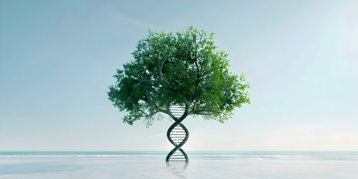 Illustration of a Family Tree with Intertwined DNA Symbolizing Ancestry and Heritage. Concept Ancestral Roots, Family Heritage, Genealogy Illustration, DNA Symbolism, Family Tree Art