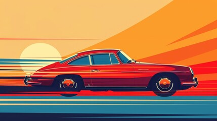 Dynamic flat illustration of a vintage car on the move, vibrant flat colors in a shadowfree graphic