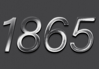 Chrome metal 3D number design of 1865 on grey background.