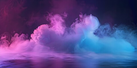 Neon Blue and Purple Multicolored Smoke Puff Cloud Design on Dark Background. Concept Neon Smoke, Puff Design, Multicolored Cloud, Dark Background, Blue and Purple