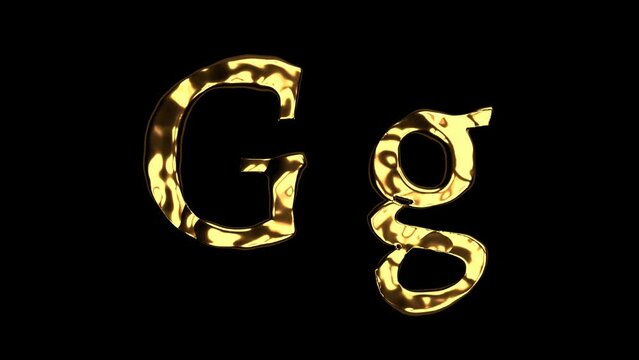 Upper and lower case g alphabet with golden fluid texture, latin script with bright yellow lava style, english letter with dented and horror look
