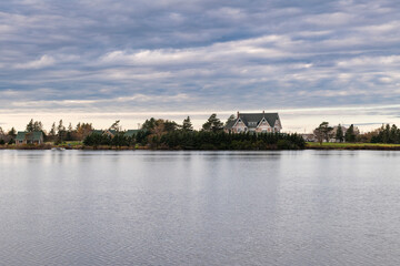 View of the Dalvay Lake and the Dalvay by the Sea Hotel in the north shore of the Prince Edward Island, Canada