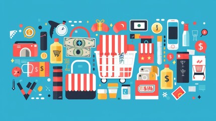 Money counting concepts with product icons showing interest, buying and selling of goods, paying for products ordered