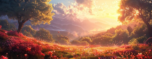 Fantasy landscape of a valley bathed in warm light, with flowers and trees symbolizing paradise
