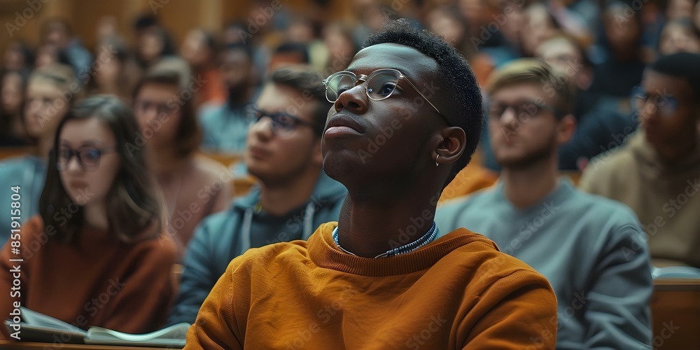 Poster focused student in lecture hall surrounded by classmates taking diligent notes. concept student stud