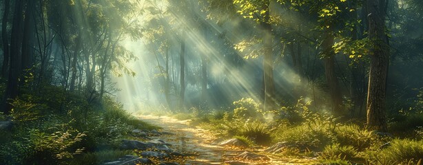 Heavenly light shining down on a quiet forest path, creating a sense of divine presence and peace