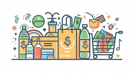 Fototapeta premium Money counting concepts with product icons showing interest, buying and selling of goods, paying for products ordered