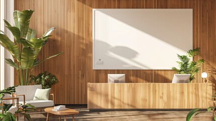 A boutique hotel's reception area featuring a blank white mockup on a minimalist wooden panel wall, with Scandinavian-inspired furniture, indoor plants.