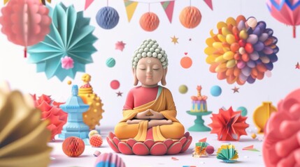 Festive Kawaii Buddha surrounded by festive decorations from various world festivals, celebrating cultural diversity