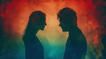 Silhouette of upset and angry man and woman couple relationship problems concept