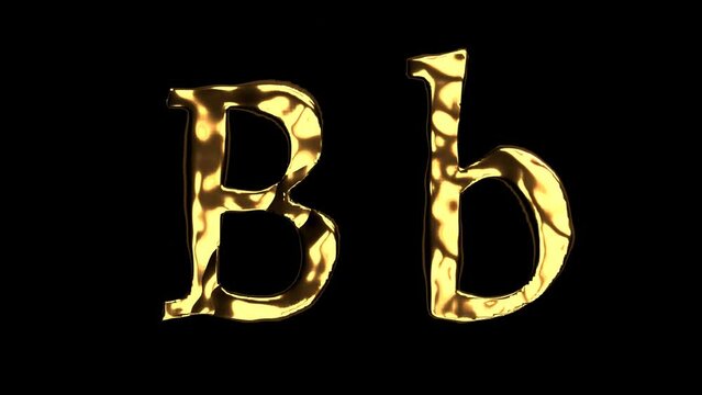 Upper and lower case b alphabet with golden fluid texture, latin script with bright yellow lava style, english letter with dented and horror look