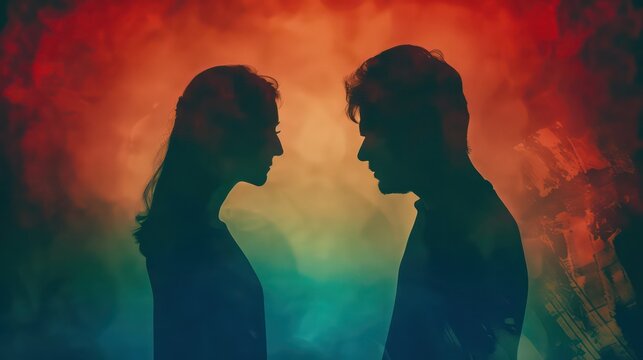 Silhouette of upset and angry man and woman couple relationship problems concept