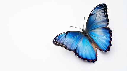 Beautiful blue butterfly flying isolated on white background.