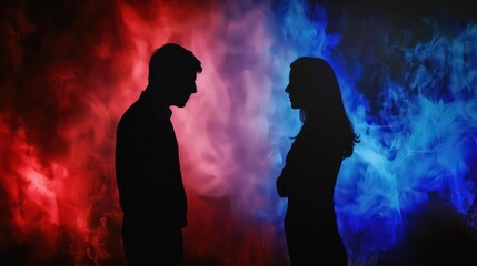 Silhouette of upset and angry man and woman couple relationship problems concept