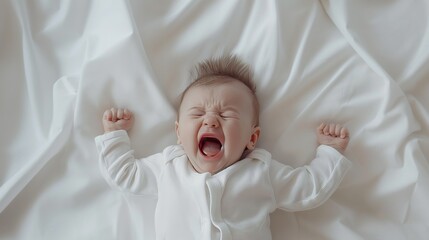 cute baby in white pajamas yawning with funny facial expression, top view