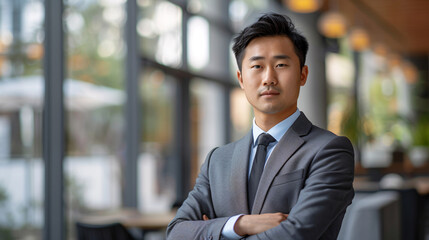 Confident Asian businessman in modern office setting with natural light streaming through windows for copy space