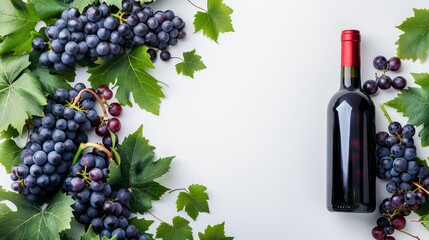 Top view of red wine bottle with clusters of ripe grapes and vibrant green vine leaves, white background providing clean copy space