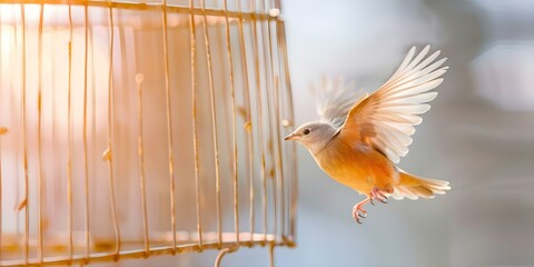 A bird flying out of an open cage symbolizes freedom and joy. Concept Freedom, Joy, Symbolism, Bird, Cage