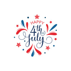 Happy 4th of July handwritten text isolated on white background. Vector illustration. Modern brush ink calligraphy, lettering for Independence Day in USA as greeting card, banner, poster, logo