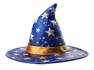 Blue wizard hat with stars and a golden band, symbolizing magic and fantasy themes. Isolated on transparent background, png.