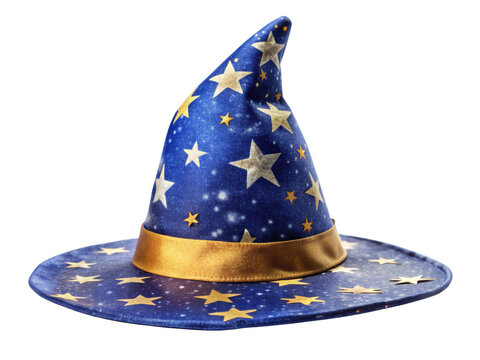 Blue wizard hat with stars and a golden band, symbolizing magic and fantasy themes. Isolated on transparent background, png.