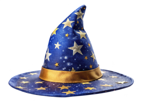 Blue wizard hat with stars and a golden band, symbolizing magic and fantasy themes. Isolated on transparent background, png.