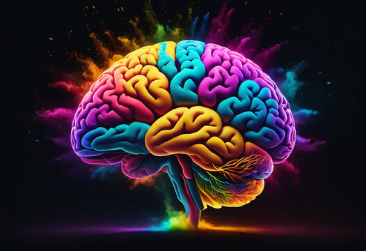 A colorful human brain with exploding color dust against a dark background. Brilliant ideas concept